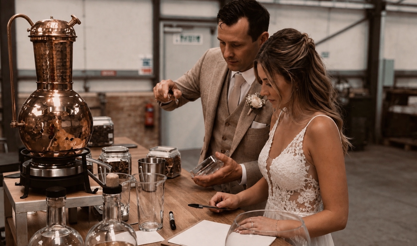 A man in a beige suit and a woman in a white lace wedding dress stand at a wooden table in a workshop, examining a copper distillation apparatus and glassware together. CREATING THEIR VERY OWN SPIRT FOR THEIR WEDDING DAY